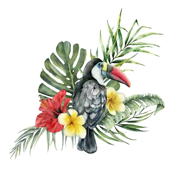 Akvarell tropiska blommor bukett och toucan. Handmålade fågel, hibiscus och plumeria isolerad på vit bakgrund. Naturen botaniska illustration för design, skriva ut. Realistiska delikat växt. — Stockfoto