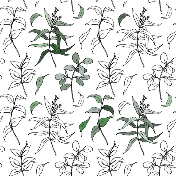 Bosquejo vectorial eucalipto deja gran patrón sin costura. Hojas y ramas de eucalipto sepia pintadas a mano aisladas sobre fondo blanco para diseño, estampado o tela . — Vector de stock