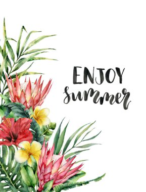 Suluboya Enjoy yaz yazı kartı. El boyalı çiçek: protea, ebegümeci ve beyaz arka plan üzerinde izole plumeria. Gösterim amacıyla tasarım, baskı, arka plan.