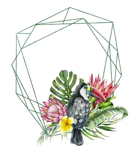 Cadre polygonal aquarelle avec toucan et bouquet de fleurs. Oiseau peint à la main, protéa, plumeria isolé sur fond blanc. Nature illustration botanique pour la conception, impression. Plante délicate réaliste . — Photo
