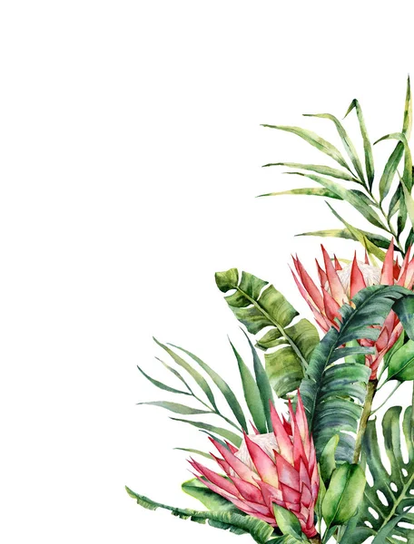 Aquarell tropische Blumen und Palmblätter Karte. handbemalte Protea und Blätter isoliert auf weißem Hintergrund. Natur botanische Illustration für Design, Druck. realistische zarte Pflanze. — Stockfoto