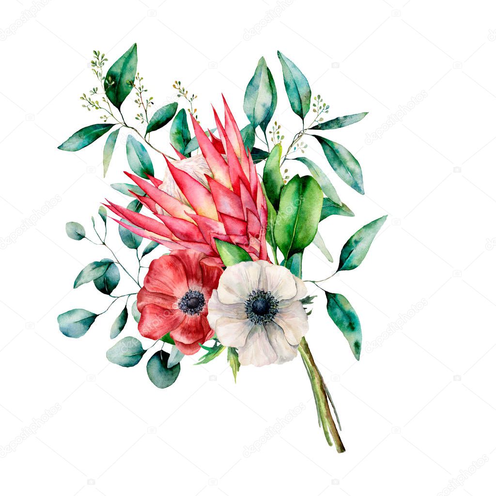 Watercolor bouquet with protea, anemone and eucalyptus leaves. Hand painted flower and branch isolated on white background. Nature botanical illustration for design, print. Realistic delicate plant.