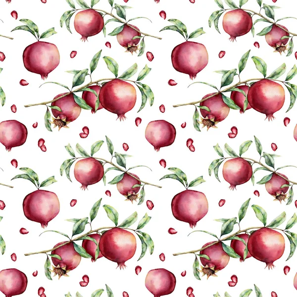 Aquarel granaatappel naadloze patroon. Handgeschilderde garnet fruit, bessen, tak, bladeren geïsoleerd op een witte achtergrond. Floral elegante illustratie voor ontwerp, afdrukken, stof of achtergrond. — Stockfoto