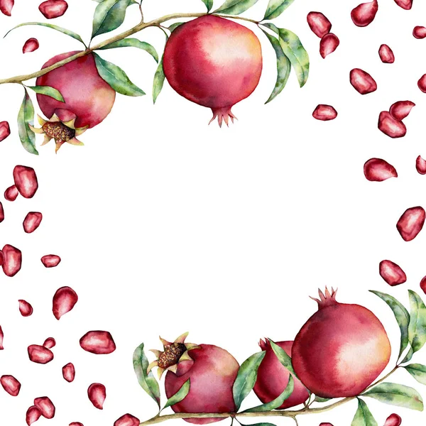Ακουαρέλα ρόδι και τα μούρα πλατεία κάρτα. Χειροποίητη Γρανάδα φρούτων σε κλαδί με φύλλα που απομονώνονται σε λευκό φόντο. Floral κομψή εικόνα για το σχεδιασμό, εκτύπωση. — Φωτογραφία Αρχείου