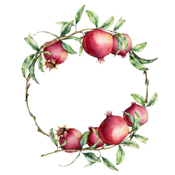 Watercolor pomegranate wreath. Hand painted garnet fruit on branch with leaves isolated on white background. Floral elegant illustration for design, print. — Stock Photo, Image