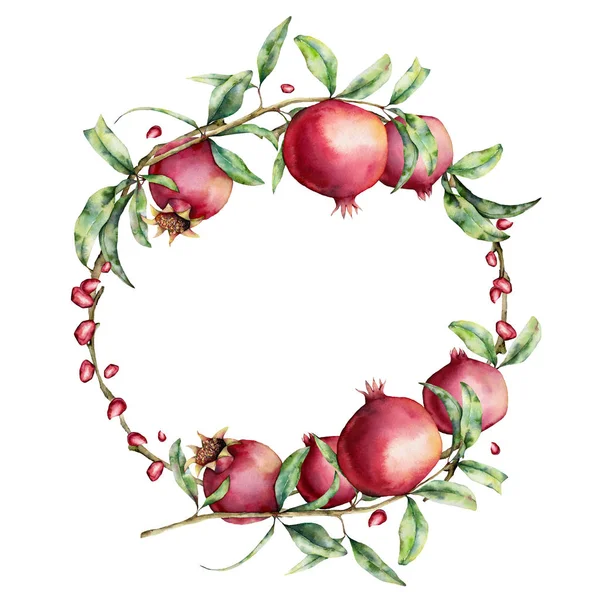 Watercolor pomegranate and berries wreath. Hand painted garnet fruit on branch with leaves isolated on white background. Floral elegant illustration for design, print. — Stock Photo, Image