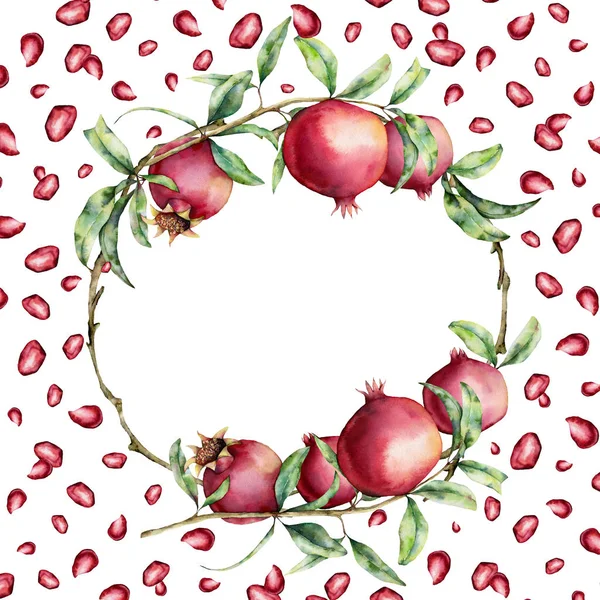 Aquarel granaatappel en bessen kaart met krans. Handgeschilderde garnet fruit op tak met bladeren geïsoleerd op een witte achtergrond. Floral elegante illustratie voor ontwerp, afdrukken. — Stockfoto