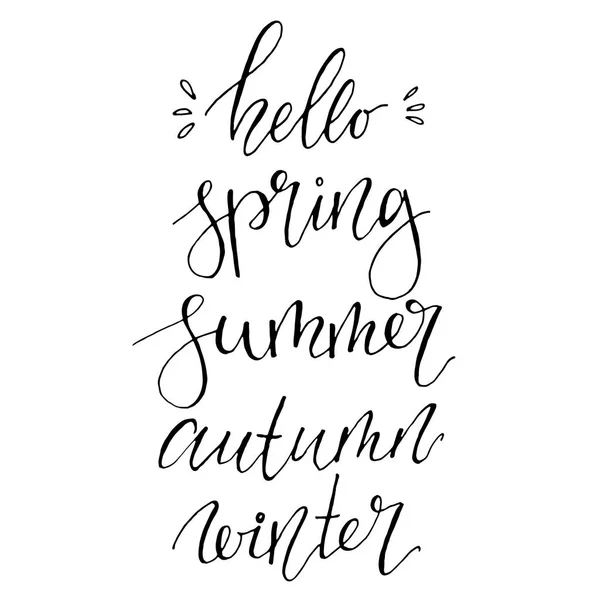 Hello summer, spring, autumn, winter lettering phrases. Ручная роспись на белом фоне. Каллиграфический текст для дизайна, печати . — стоковый вектор