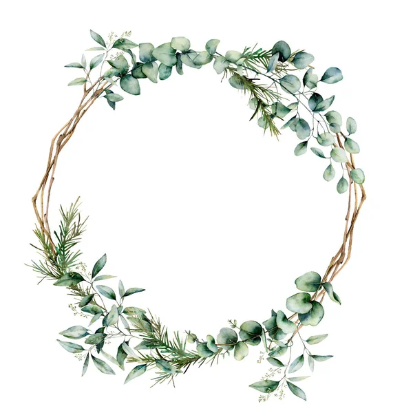 Corona de rama de eucalipto acuarela. Rama de eucalipto pintada a mano y hojas aisladas sobre fondo blanco. Ilustración floral para diseño, impresión, tela o fondo . — Foto de Stock