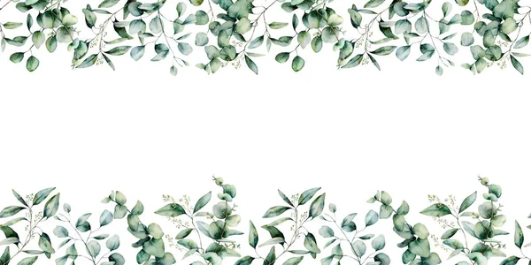 Watercolor eucalyptus seamless border. Hand painted eucalyptus branch and leaves isolated on white background. Floral illustration for design, print, fabric or background. — Stock Photo, Image