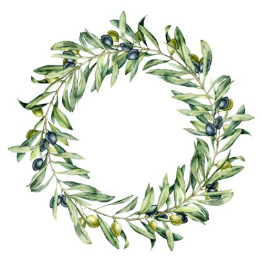 Suluboya çelenk ile zeytin dalı. El ile zeytin meyve çiçek sınır ve ağaç dalları yaprakları ile isolatedon beyaz arka plan boyalı. Tasarım, baskı ve kumaş için.