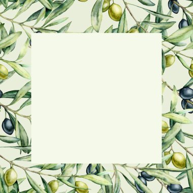 Suluboya zeytin şube kartı. Pastel arka planda izole şube üzerinde el boyalı yeşil ve siyah zeytin. Tasarım, baskı için Floral botanik illüstrasyon.