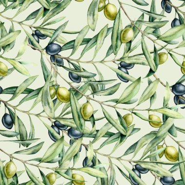 Zeytin dalları ile suluboya narin Dikişsiz desen. El boyalı zeytin ve yaprakları pastel arka planda izole. Tasarım, baskı, kumaş veya arka plan için botanik illüstrasyon.