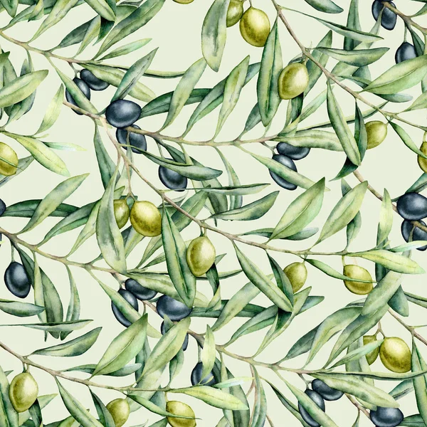 Watercolor delicate seamless pattern with olives branches. Hand painted olives and leaves isolated on pastel background. Botanical illustration for design, print, fabric or background. — Stock Photo, Image