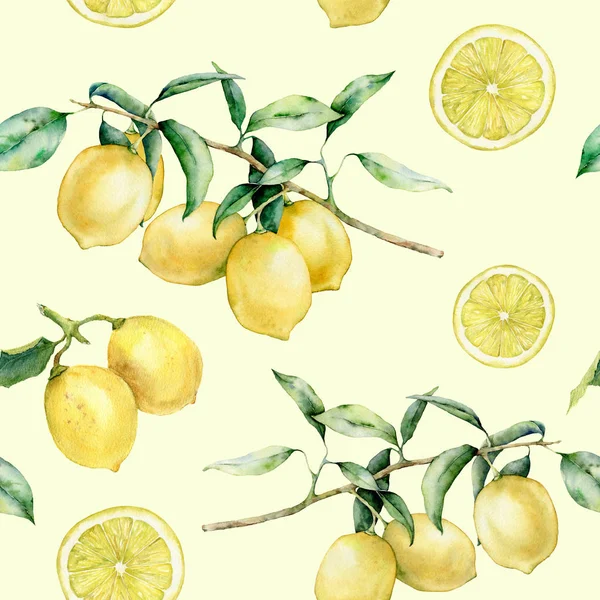 Акварельний лимонний шматочок і гілка безшовний візерунок. Рука розфарбована лимонними фруктами на гілці зі скибочками ізольовані на білому тлі. Квіткова ботанічна ілюстрація для дизайну, друк . — стокове фото
