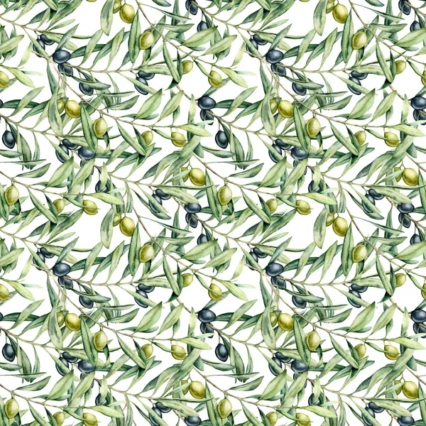 Patrón sin costura de acuarela con ramas de aceitunas. Aceitunas pintadas a mano y hojas aisladas sobre fondo blanco. Ilustración botánica para diseño, impresión, tela o fondo . — Foto de Stock