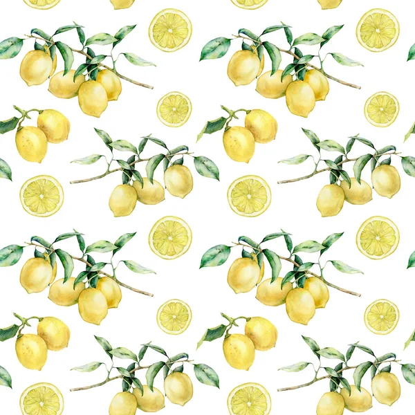 Akvarell citron gren och slice sömlösa mönster. Handmålad citron frukt på kvist med löv och skivor isolerade på vit bakgrund. Blommig botanisk illustration för design, tryck. — Stockfoto