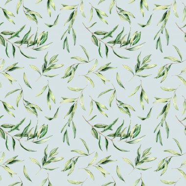 Zeytin yaprakları ve dalları ile suluboya Dikişsiz desen. Tasarım, baskı, kumaş veya arka plan için pastel mavi arka planda izole el boyalı botanik illüstrasyon.