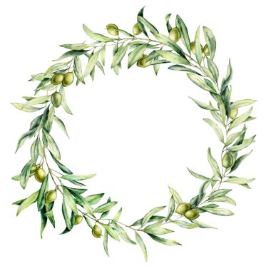 Yeşil zeytin çilek ve yaprakları ile suluboya çelenk. El boyalı çiçek sınırı ile zeytin meyvesi ve ağaç dalları ile yaprakları izole beyaz arka plan. Tasarım, baskı ve kumaş için.