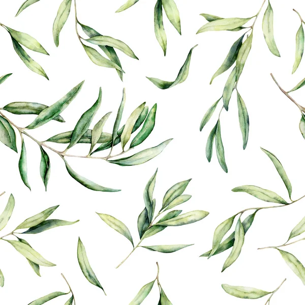Patrón sin costura de acuarela con ramas y hojas de olivo. Ilustración botánica pintada a mano aislada sobre fondo blanco para diseño, impresión, tela o fondo . — Foto de Stock