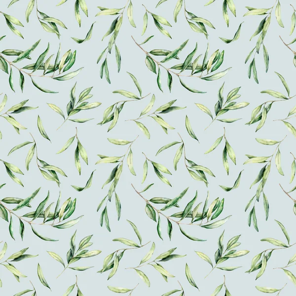 Patrón sin costura de acuarela con hojas y ramas de olivo. Ilustración botánica pintada a mano aislada sobre fondo azul pastel para diseño, impresión, tela o fondo . — Foto de Stock