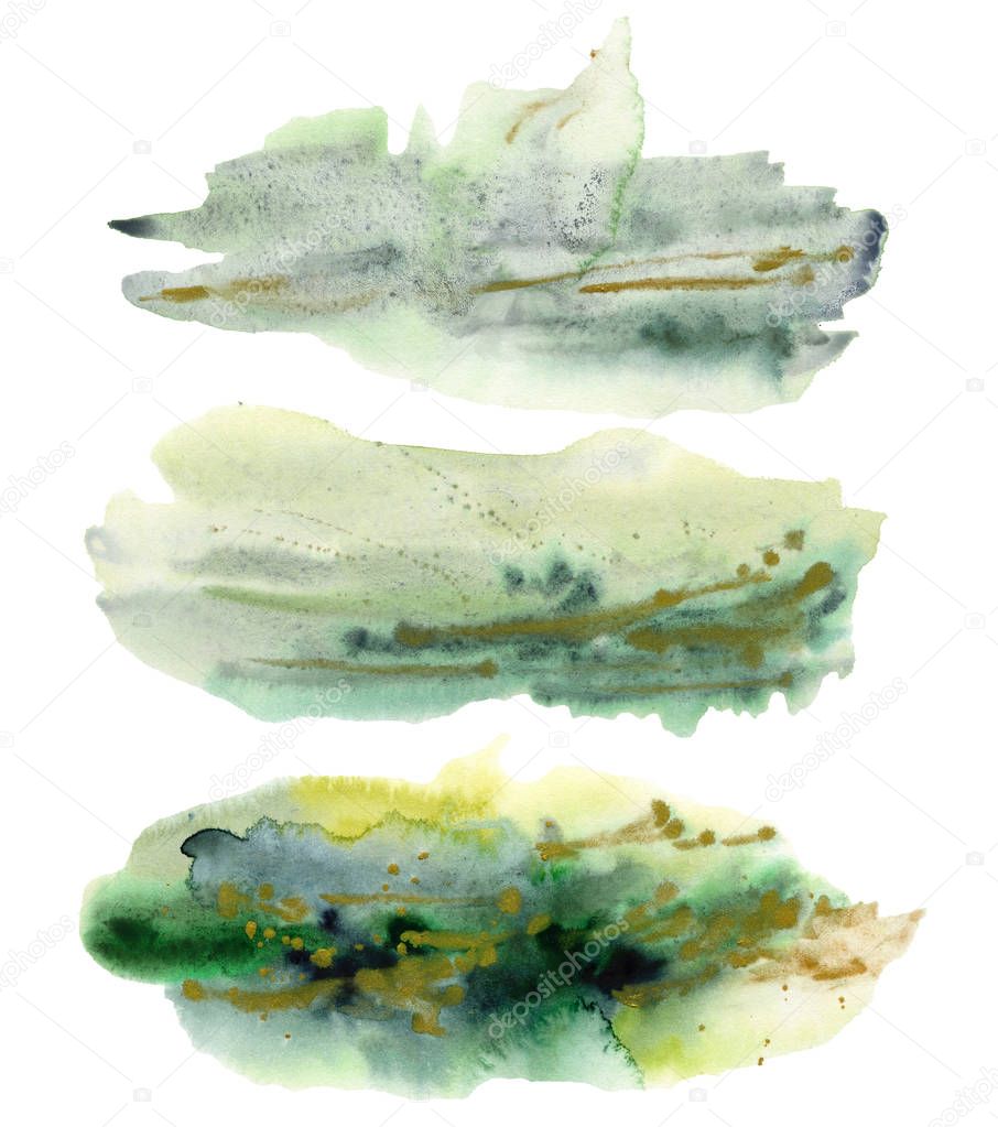 Watercolor abstract texture with green and blue points set. Hand painted beautiful illustration with stains isolated on white background. For design, print, fabric or background.
