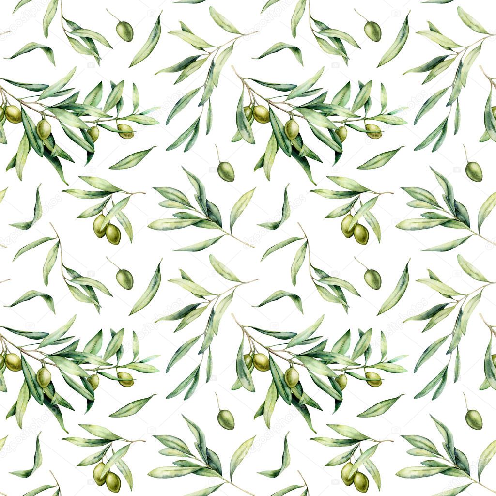 Watercolor seamless pattern with green olives, leaves. Hand painted olives and branches isolated on white background. Botanical illustration for design, print, fabric or background.