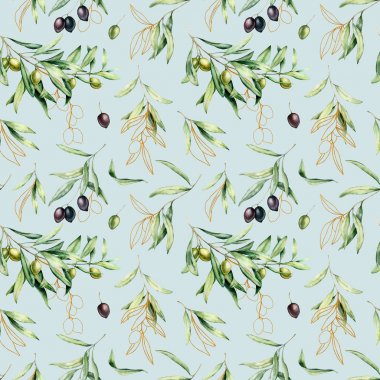 Siyah ve yeşil zeytin, yaprakları ile suluboya Dikişsiz desen. El boyalı altın zeytin ve dalları pastel arka planda izole. Tasarım, baskı, kumaş veya arka plan için botanik illüstrasyon.