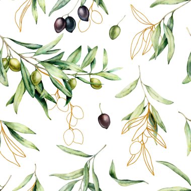 Siyah, altın ve yeşil zeytin, dalları ile suluboya Dikişsiz desen. El boyalı zeytin ve yaprakları beyaz arka planda izole. Tasarım, baskı, kumaş veya arka plan için botanik illüstrasyon.