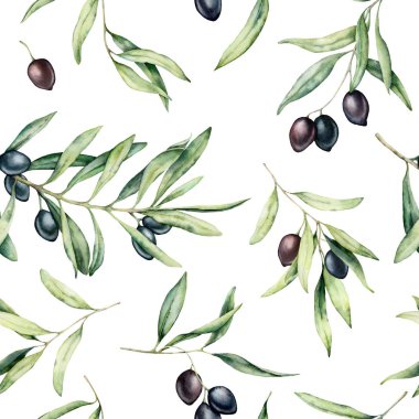 Siyah zeytin ve şube ile suluboya Dikişsiz desen. El boyalı zeytin ve yaprakları beyaz arka planda izole. Tasarım, baskı, kumaş veya arka plan için botanik illüstrasyon.