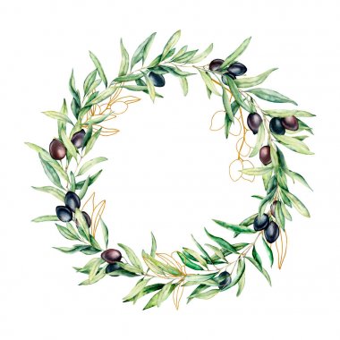 Siyah ve altın zeytin meyveleri ile suluboya çelenk. Zeytin meyvesi ve yaprakizole beyaz arka plan ile ağaç dalları ile el boyalı çiçek sınırı. Tasarım, baskı ve kumaş için.