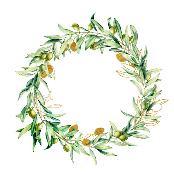 Watercolor wreath with golden and green olive berries. Hand painted floral border with olive fruit and tree branches with leaves isolatedon white background. For design, print and fabric.