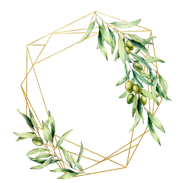 Aquarell polygonaler goldener Rahmen mit Olivenzweigen, grünen Oliven und Blättern. handgezeichnetes florales Etikett auf weißem Hintergrund. botanische Illustration. Grußschablone für Design. — Stockfoto