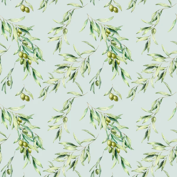 Zeytin ağacı dalı, yaprakları ve yeşil zeytin ile suluboya dikişsiz desen. Tasarım, baskı, kumaş veya arka plan için pastel mavi arka plan üzerinde izole el boyalı botanik illüstrasyon.
