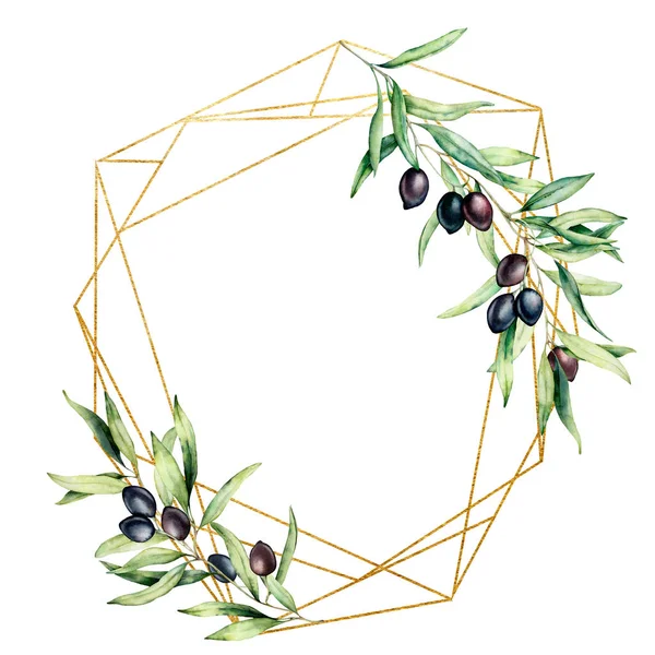 オリーブの木の枝、黒いオリーブと葉と水彩の多角形の黄金のフレーム。白い背景に隔離された手描きの花のラベル。植物のイラスト。デザイン用グリーティング テンプレート. — ストック写真
