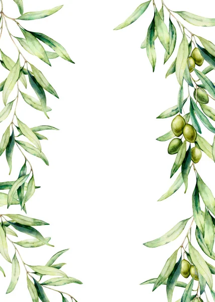 Watercolor card with olive tree branch, leaves and green olives. Hand painted floral illustration isolated on white background. Botanical illustration for design, print. Greeting template for design. — Stock Photo, Image