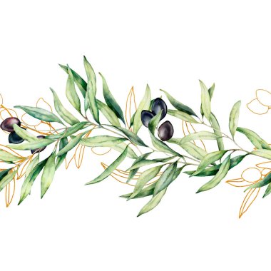 Suluboya ve altın kroki zeytin yaprakları ve dalı ile sorunsuz sınır. El boyalı çiçek illüstrasyon beyaz arka plan üzerinde izole. Tasarım veya baskı için Botanik afiş. Yeşil bitkiler.