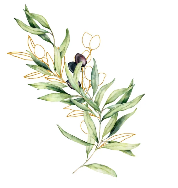 Watercolor and golden sketch card with olive, leaves and branch. Hand painted floral illustration isolated on white background for design, print, fabric or background. — Stock Photo, Image