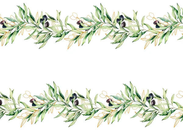 Akvarel a zlatá kresba bezešvé hranice s olivovou větví a listy. Ručně malovaná květinové ilustrace na bílém pozadí. Botanický nápis pro design nebo tisk. Zelené rostliny. — Stock fotografie