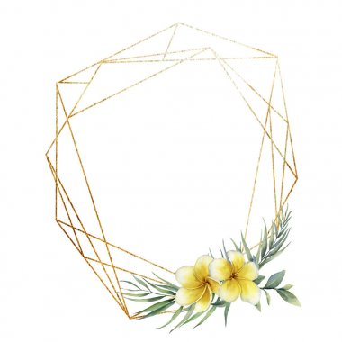Plumeria bir buket ile suluboya çokgen altın çerçeve. El çizilmiş çiçek etiketi beyaz arka plan üzerinde izole. Botanik illüstrasyon. Tasarım için tebrik şablonu.