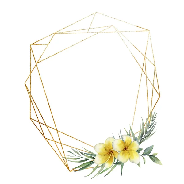 Aquarell polygonaler Goldrahmen mit einem Bouquet von Plumeria. handgezeichnetes florales Etikett auf weißem Hintergrund. botanische Illustration. Grußschablone für Design. — Stockfoto