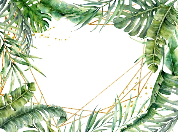 Acuarela marco poligonal de oro con hojas de palma. Etiqueta floral dibujada a mano aislada sobre fondo blanco. Ilustración botánica. Plantilla de saludo para diseño . — Foto de Stock