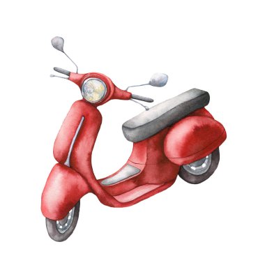 Kırmızı scooter ile suluboya kartı. El boyalı yaz illüstrasyon beyaz arka plan üzerinde izole. Tasarım, baskı veya arka plan için.