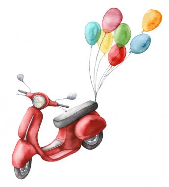 Kırmızı scooter ve hava balonları ile suluboya kartı. El boyalı yaz illüstrasyon beyaz arka plan üzerinde izole. Tasarım, baskı veya arka plan için.