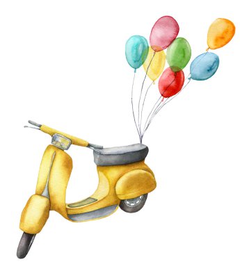 Sarı scooter ve hava balonları ile suluboya kartı. El boyalı yaz illüstrasyon beyaz arka plan üzerinde izole. Tasarım, baskı veya arka plan için.
