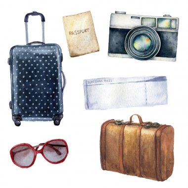 Suluboya seyahat seti. Pasaport, bilet, deri vintage bavul, polka nokta bagaj, kamera ve güneş gözlüğü tasarım için beyaz arka plan üzerinde izole dahil olmak üzere el boyaması turistik nesneler seti, baskı.