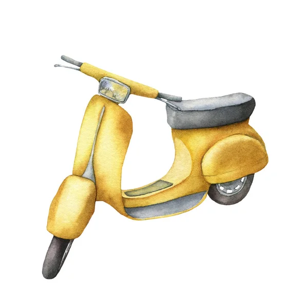 Акварель с желтым скутером. Ручная раскрашенная летняя иллюстрация на белом фоне. Для оформления, печати или фона . — стоковое фото