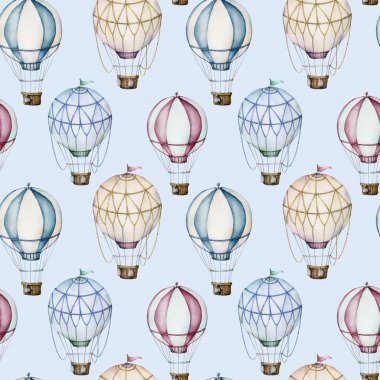 Suluboya sıcak hava balonları sorunsuz desen. Pastel mavi arka plan üzerinde izole aerostate ile el boyalı gökyüzü illüstrasyon. Tasarım, baskı, kumaş veya arka plan için.