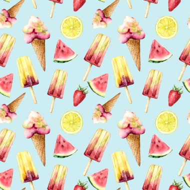Meyve ve dondurma ile suluboya dikişsiz desen. El boyalı illüstrasyon karpuz, limon ve çilek mavi arka plan izole. Tasarım, baskı, kumaş, arka plan için gıda illüstrasyon.