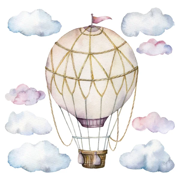 Aquarell mit Wolken und Heißluftballon. handgemalte Himmelsdarstellung mit isoliertem Aerostate auf weißem Hintergrund. für Design, Drucke, Stoff oder Hintergrund. — Stockfoto